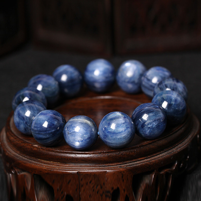 51# 160.26克收藏级19mm大颗粒蓝晶石手链 猫眼效应极美