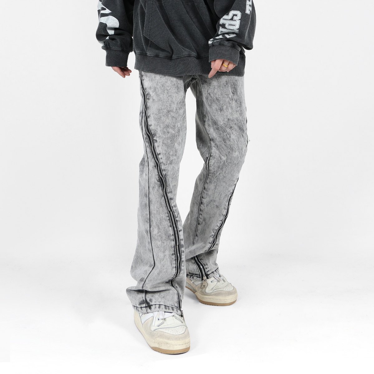 mrnearly做旧水洗高街拉链vibe风牛仔裤男潮牌嘻哈设计感美式裤子