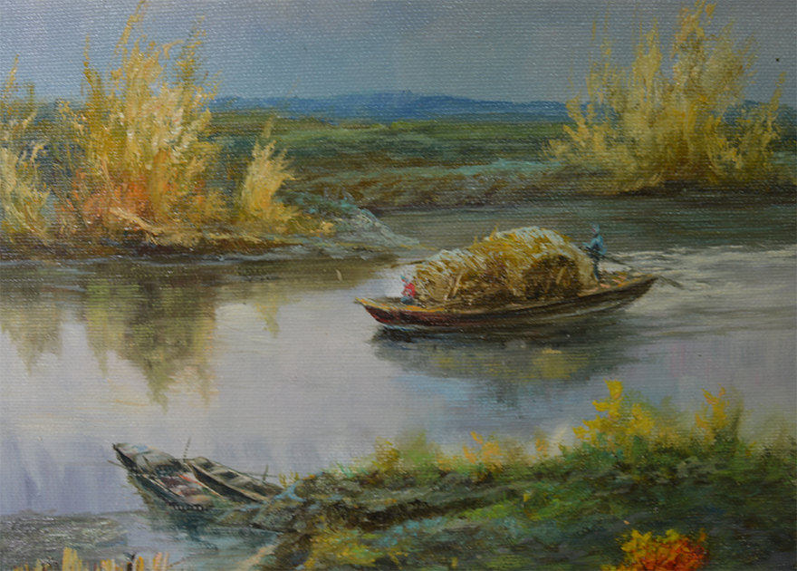 张明辉 《轻舟荡河》 100*100知名油画家