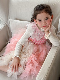 ja专柜品牌童装23秋冬新款女童蕾丝花边粉色蛋糕裙兔兔裙周岁礼服