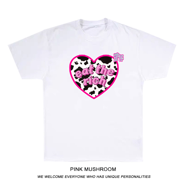粉红蘑菇 爱心字母短袖T恤男女潮牌ins国潮欧美高街上衣嘻哈bf风