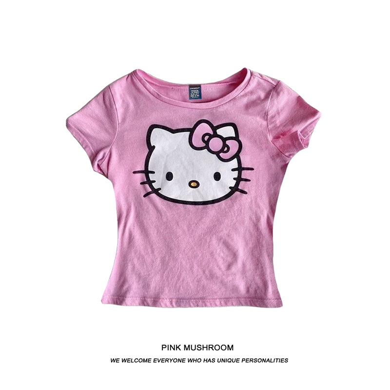 粉红蘑菇 HelloKitty粉色短袖T恤女夏季新款辣妹风潮牌印花上衣