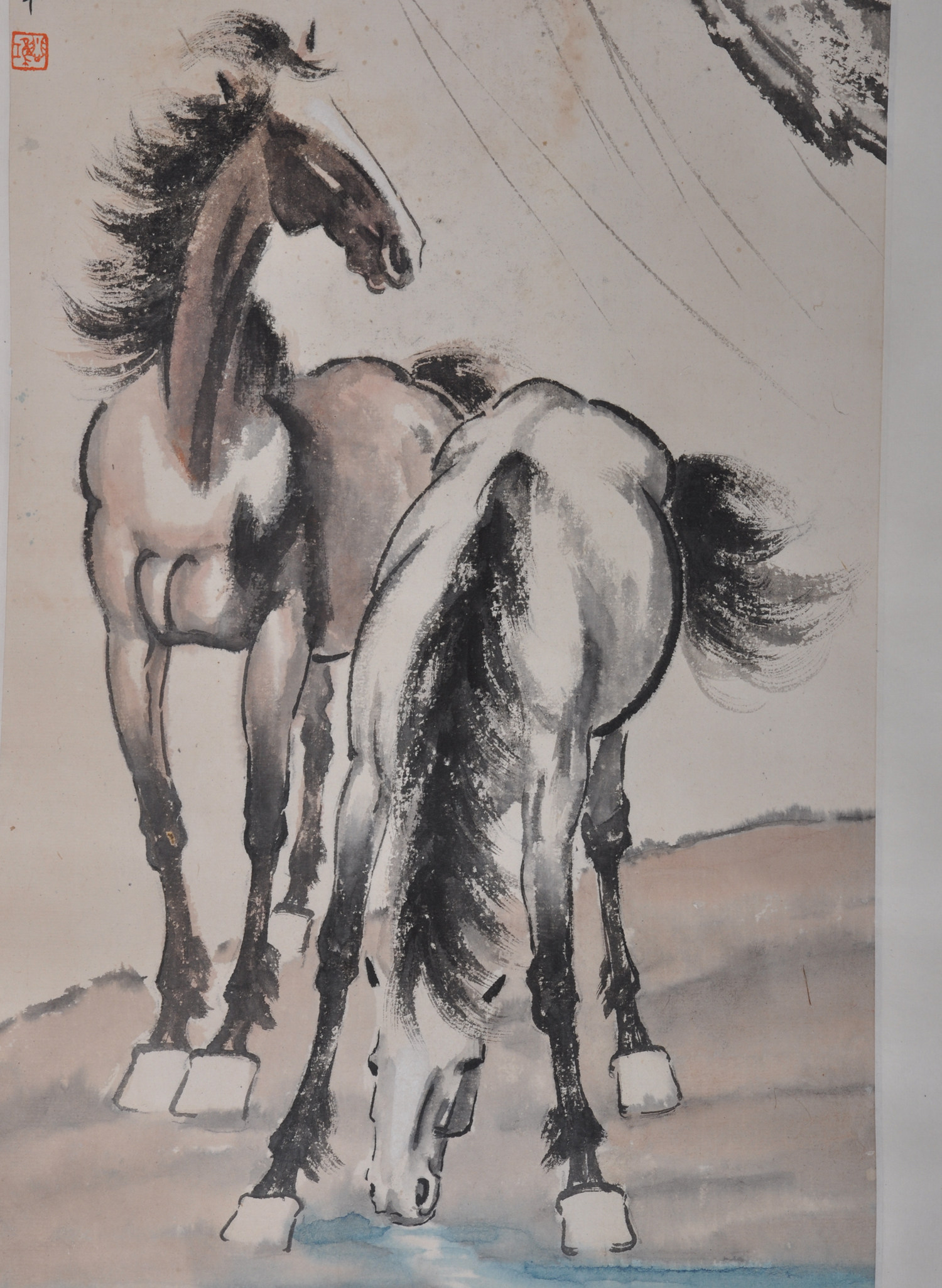 徐悲鸿(款) 柳畔双骏图(带鉴定专家单国强亲笔鉴定证书)