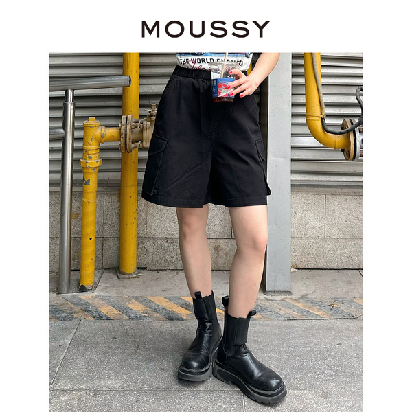 MOUSSY 夏季新品休闲风大口袋松紧腰直筒工装短裤女028GSZ30-0510