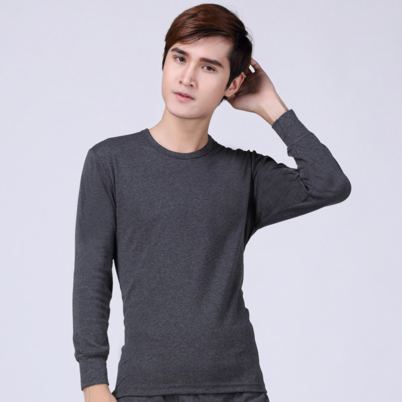 男士薄款保暖内衣上装圆领秋衣棉毛衫中老年人纯棉单件上衣 深灰