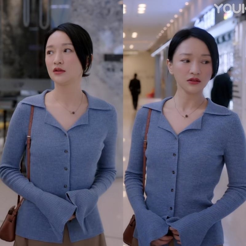 小敏家电视剧同款衣服刘小敏周迅同款灰蓝色喇叭袖毛衣修身显瘦针