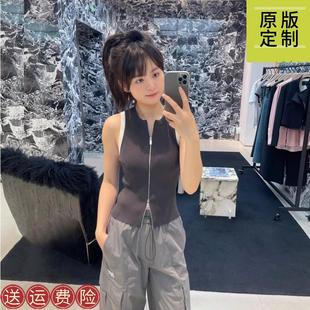 安安家2024夏款圆领双开拉链撞色边修身显瘦无袖马甲针织背心女