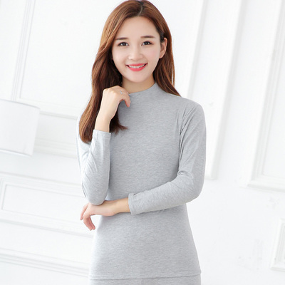 秋新品薄款纯棉保暖上衣半高领打底衫女薄款长袖秋衣内衣大码灰色