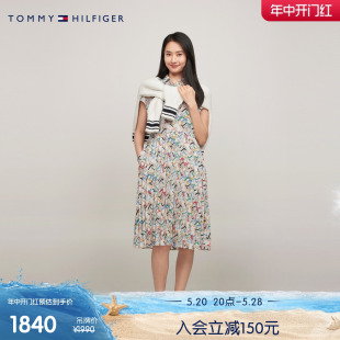 Tommy 24新款春夏女装多彩字母满印百褶拼接显瘦衬衫连衣裙42538