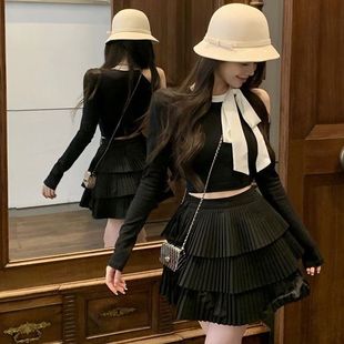 法式气质黑色长袖针织衫女秋季设计感小众露肩修身短款蝴蝶结上衣