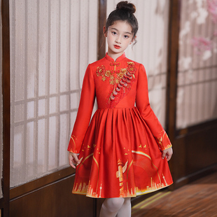 红色六一演出服儿童红歌大合唱女童演讲朗诵比赛中国风礼服拜年服