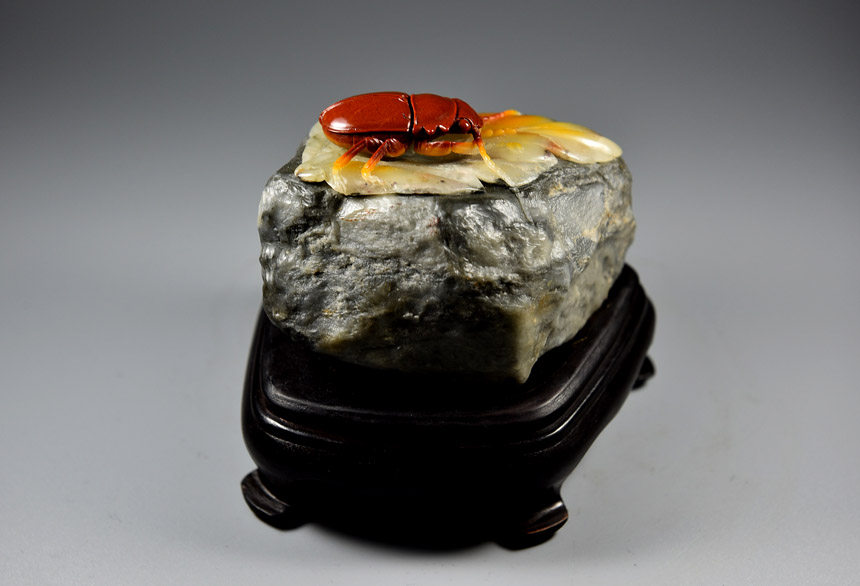 俏色巧雕 寿山石 芙蓉石《甲虫》摆件 雕工精细 巧色漂亮 精品