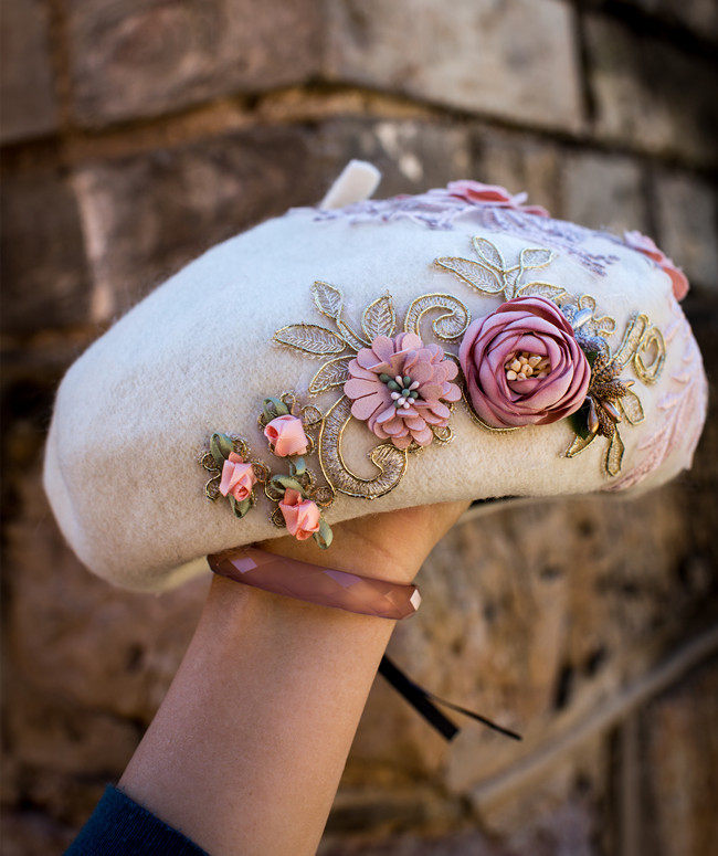 宫廷风贝雷帽 立体刺绣花朵贝雷帽 羊毛帽子