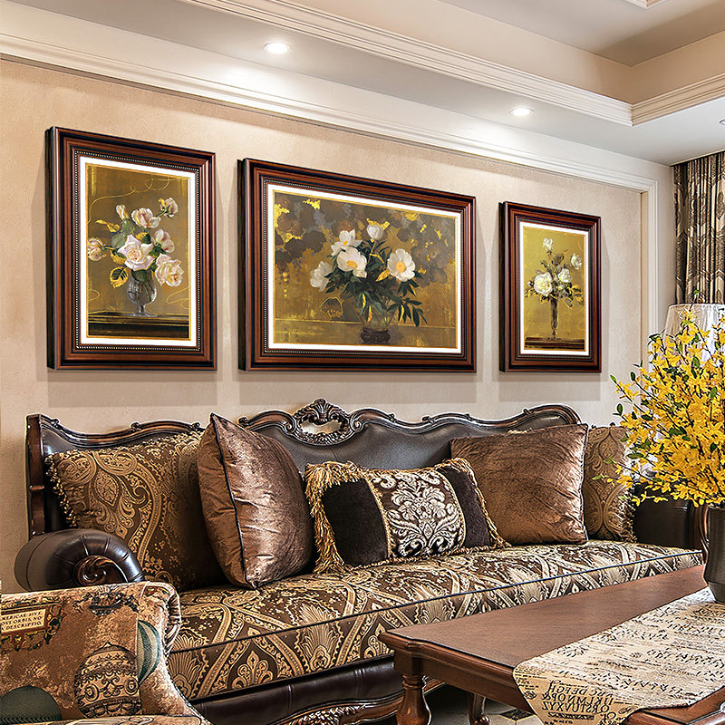 复古美式客厅装饰画温馨花卉油画欧式高档沙发背景墙壁画三联挂画