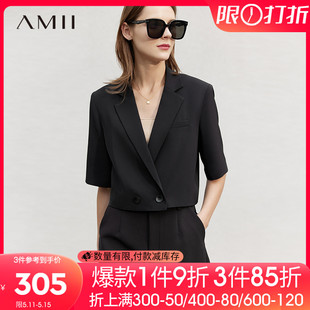 Amii2024夏季新款短款西装外套女炸街短袖休闲西服上衣黑色职业装