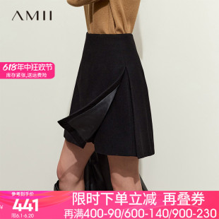 Amii2024春新款通勤百搭显高羊毛休闲短裤A字型裙裤女黑色裤子