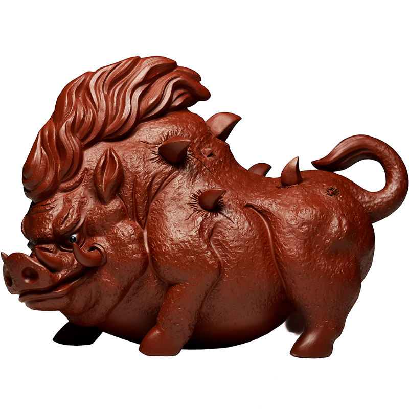 祁地茶具宜兴紫砂茶宠纯全手工大红袍黑泥茶道摆件精品猪彘神可养