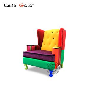 GAIA盖雅定制设计师款欧式布艺老虎椅实木腿美式撞色复古单人沙发