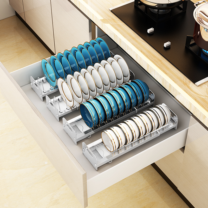 可伸缩厨房置物架304不锈钢橱柜抽屉内置碗架沥水架放盘子收纳架