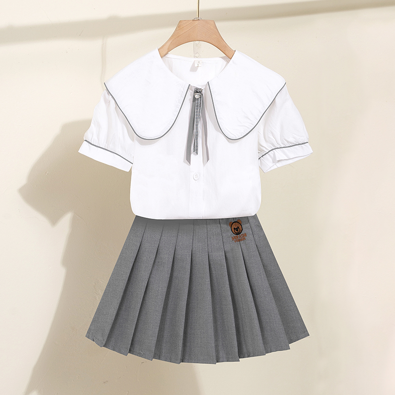 女童学院风套装夏季2024新款洋气女孩娃娃领短袖白衬衫百褶裙套裙