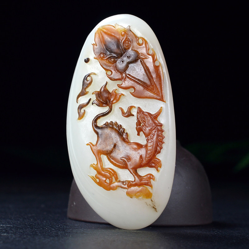 【龙翔九洲】和田玉红皮仿古龙把件挂件81g 精美绝伦
