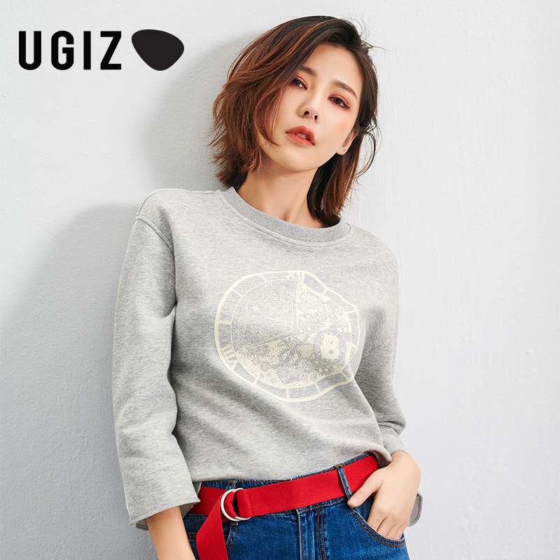 UGIZ春秋季新品韩版女装时尚印花百搭长袖圆领T恤上衣女UATD198