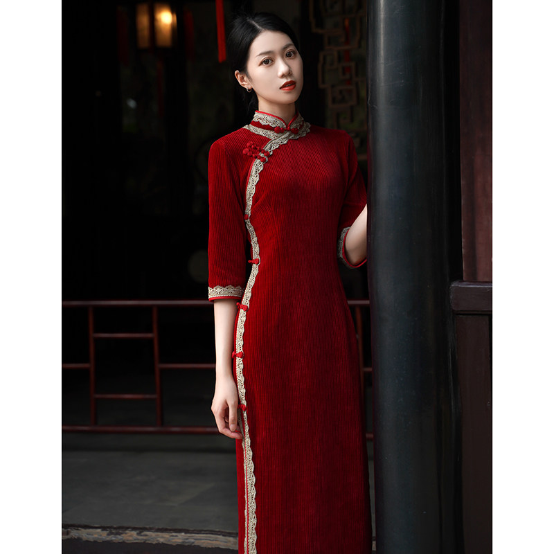 红色旗袍敬酒服新娘秋冬女气质长袖少女年轻款改良结婚新中式长款