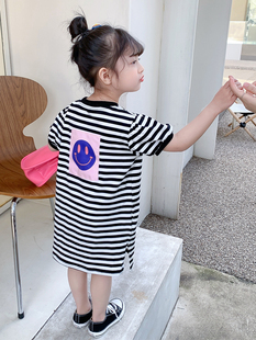 女童连衣裙2024新款夏装韩版条纹短袖T恤裙儿童宽松洋气夏裙子潮