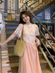 粉色国风新中式绝美短袖衬衫高腰半身长裙女夏季2024新款时尚套装