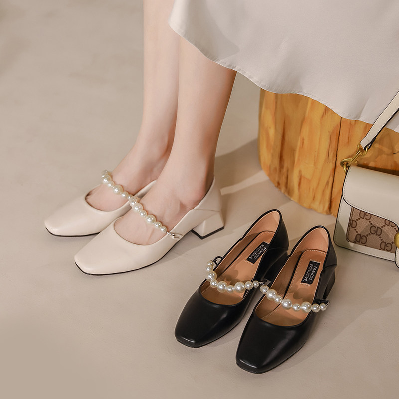 法式白色高跟鞋仙女风粗跟复古玛丽珍珠鞋2022新款春季配裙子单鞋