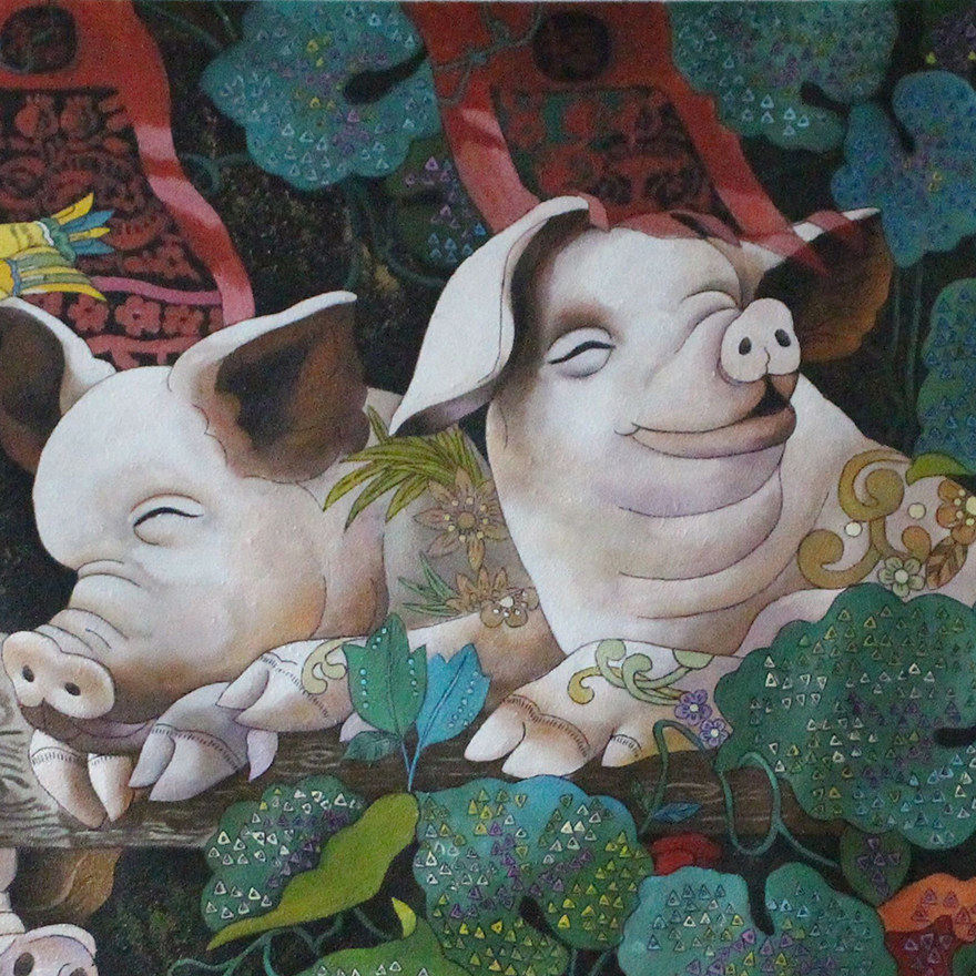 罗国玉100x100 《快乐三福猪》 知名油画家【红蜓艺术】