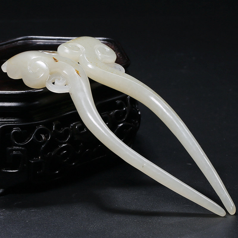 极品典藏苏工精雕 和田玉白玉对凤簪21g 18g