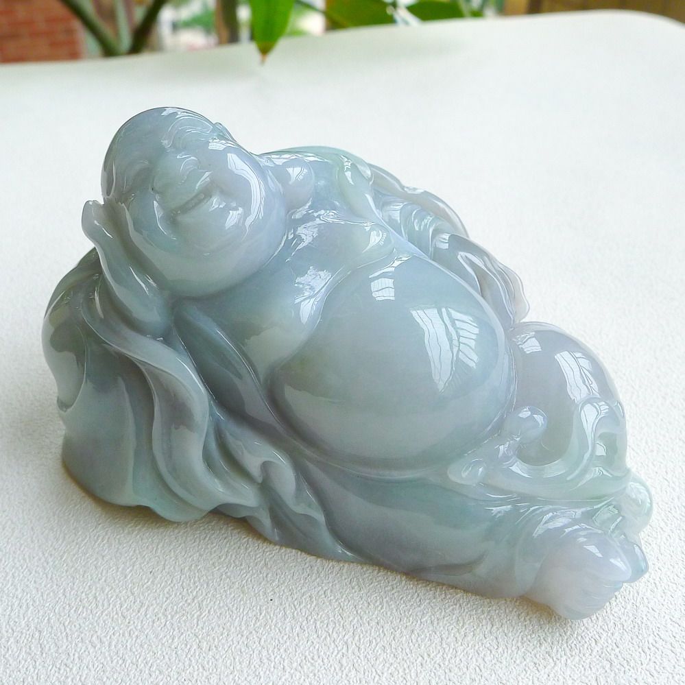 天然缅甸a货翡翠紫罗兰招财布袋卧佛佛公摆件0.35kg