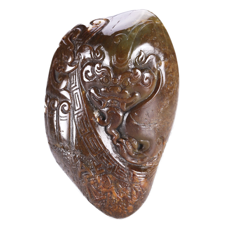 玉雕名家韦龙工作室作品和田玉仿古龙凤把件140.14g