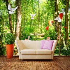 山水田园风景壁纸 森林大树3d立体大型壁画 客厅沙发电视背景墙纸