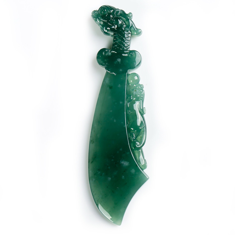 a货翡翠冰糯种蓝水屠龙刀吊坠21.17克