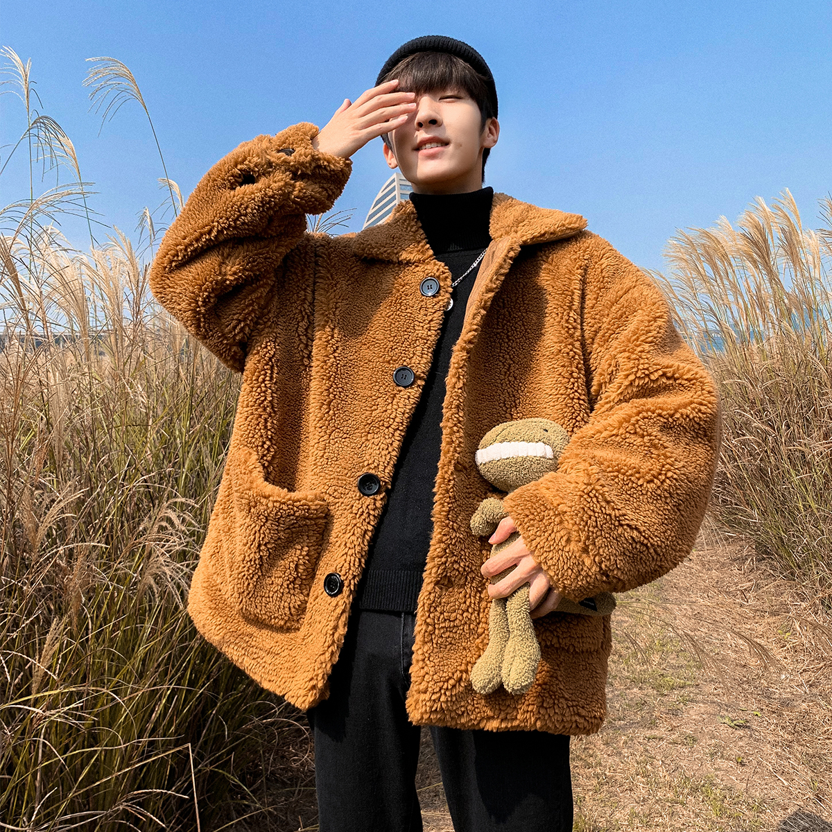 男外套冬季 加绒加厚 青年 百搭_秋冬季男士加绒羊羔毛外套加厚ins