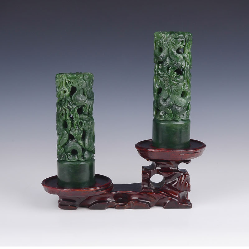 和田玉 碧玉 九龙柱 摆件 1529g