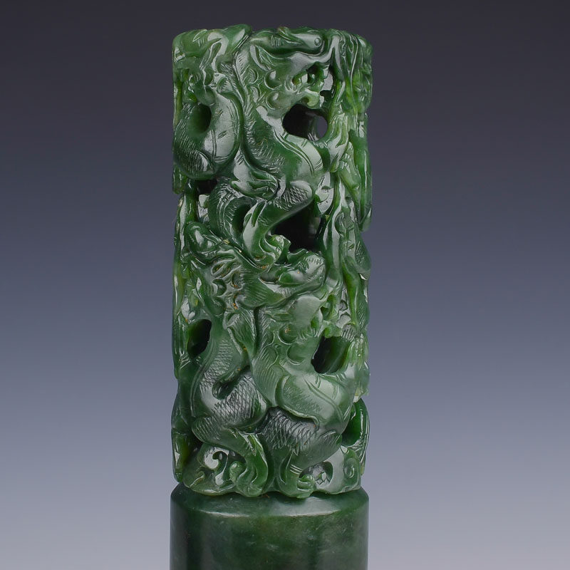 和田玉 碧玉 九龙柱 摆件 1529g