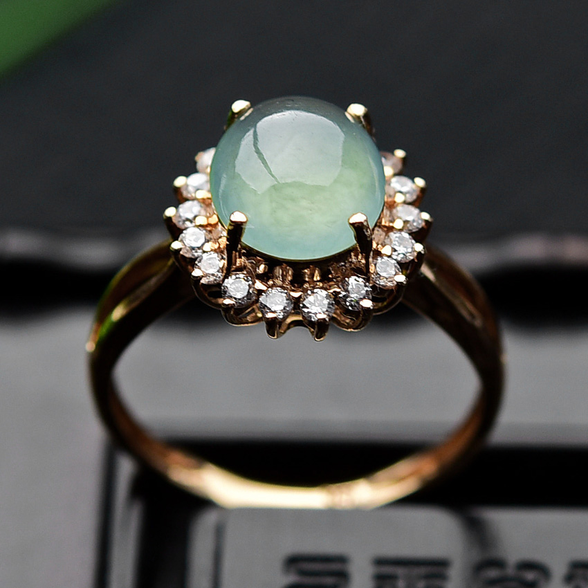 z3030 18k伴钻金镶嵌冰种翡翠戒指 2.18克