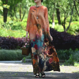 [雨露] Váy vải cotton và vải lanh retro tự chế của Su Xin cho phụ nữ mùa hè lỏng cộng với kích thước váy dài phong cách dân tộc của phụ nữ - Váy dài