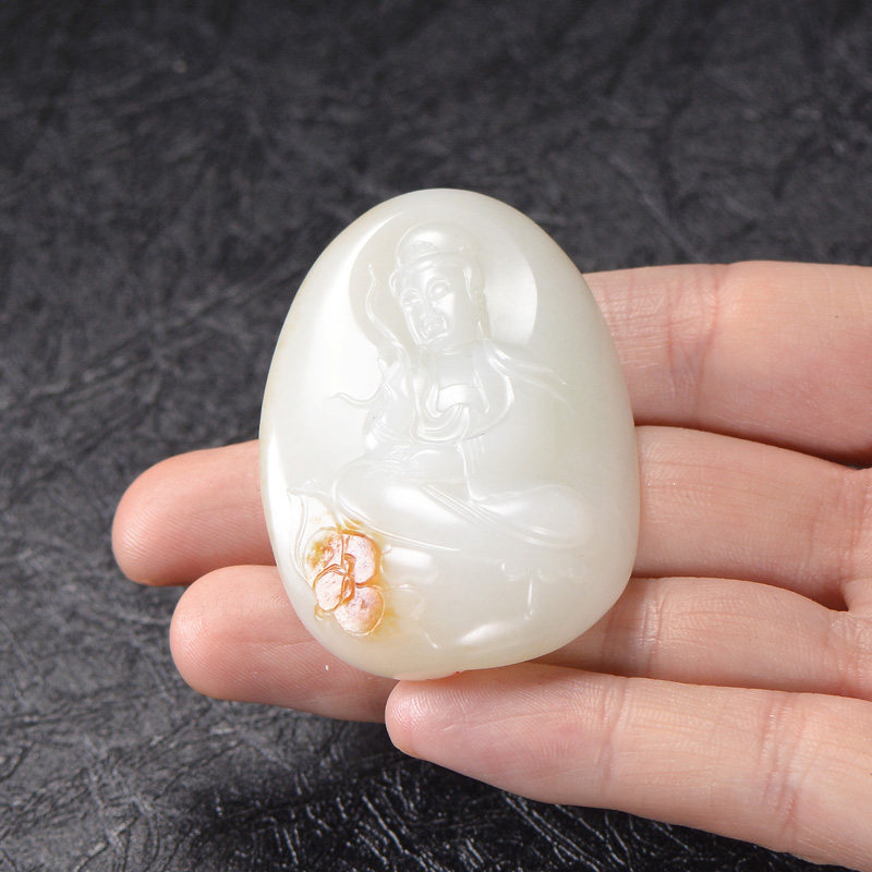 【观音赐福】玉雕名家程克元 和田玉羊脂级独籽观音挂件 49.412克