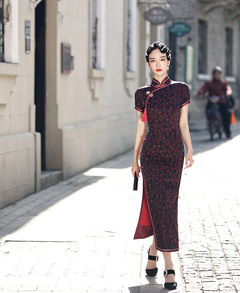 简丽美2022春夏新款端庄优雅印花旗袍现代改良华尔缎长款旗袍