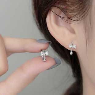 s925纯银耳钉女小众设计感蝴蝶结耳圈高级感锆石耳环森系气质耳饰