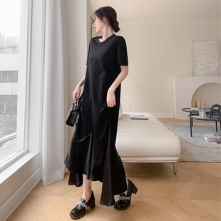 赫本风黑色连衣裙夏季超好穿气质大摆轻薄t恤超长裙气质不规则裙