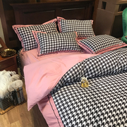 Nordic pink houndstooth cotton four-piece set spring and summer 60s Egyptian long-staple cotton cotton quilt cover bedding