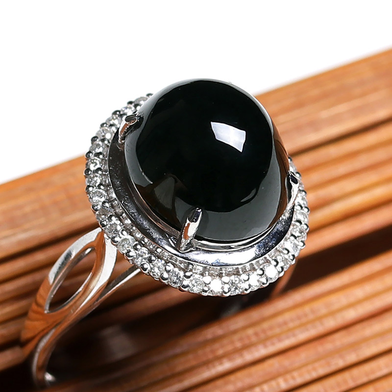 【透绿墨翠】天然翡翠a货-18k金伴钻镶嵌透绿墨翠蛋面戒指3.95g