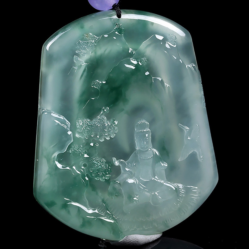 【精雕观音】天然翡翠-厚装冰种山水观音吊坠42.86g(含珠绳重)