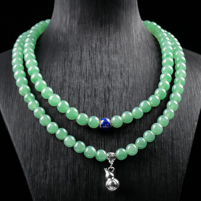 翡翠a货冰润满绿108颗佛珠项链78.28克