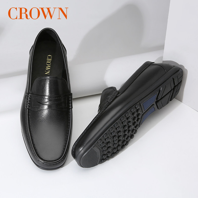 crown皇冠皮鞋男休闲真皮乐福鞋商务春夏季一脚蹬豆豆鞋软底鞋子